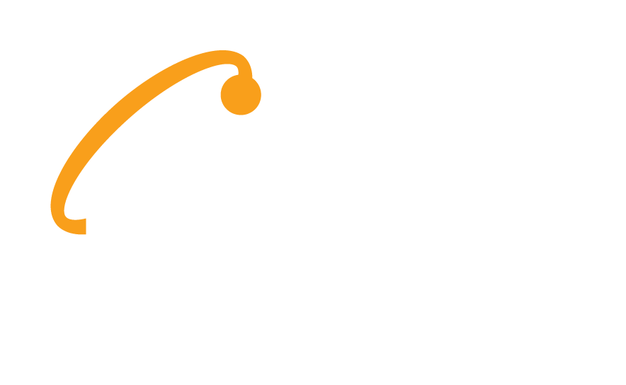 Rink International logo. The name Rink International is in white and the electron that swoops around the capital R is in yellow.